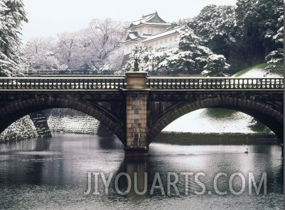 Nijubashi and the Inner Moat of Imperial Palace in Snow, Tokyo, Japan