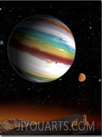 Planet Blanketed with an Orgy of Colored Clouds Reflects on an Orbiting Desert Moon