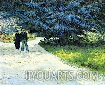 Public Garden with Couple and Blue Fir Tree