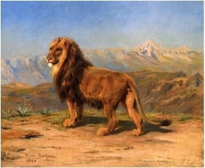 Lion in a Mountainous Landscape