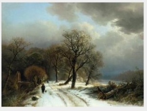 A Figure Walking His Dog on a Path in a Winter Landscape