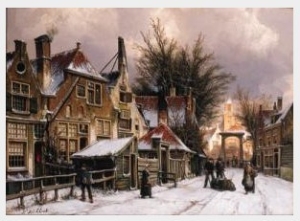 A Townview with Figures on a Snow Covered Street