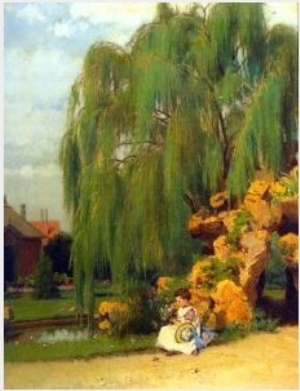 A Girl Arranging Flowers by a Willow