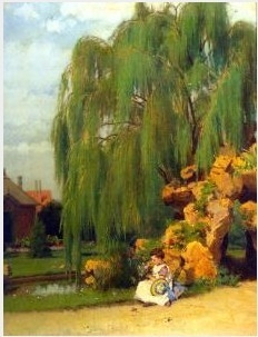 A Girl Arranging Flowers by a Willow
