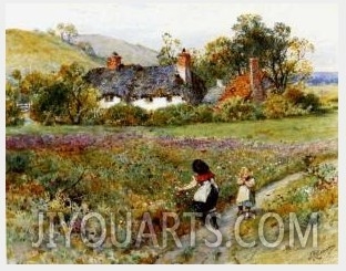 Children Playing On A Path, Cottages Beyond
