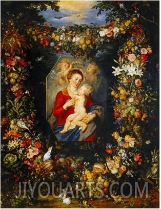 And Jan Brueghel: Mary Virgin and Child with Wreath of Flowers and Fruits