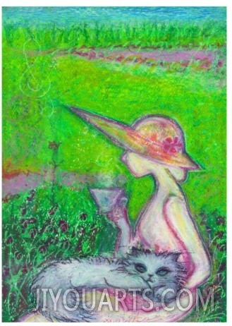 Abstract figures painting,Lady and Cat on Teatime in Field by Mariko Miyake