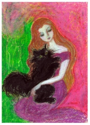 Handmade oil painting,Abstract figures painting,Maiden with Towhead That Embraces Black Cat Closely by Mariko Miyake