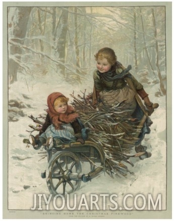 Oil painting reproduction,christmas oil painting,Two Children Bring Home a Barrow Load of Firewood for the Christmas Fire,E. Blume art work
