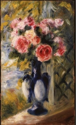 Oil painting reproduction,flowers painting of Roses in a Blue Vase 1892 by pierre auguste renoir painting