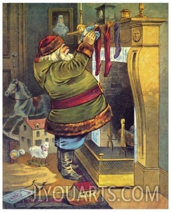 Illustration of Santa Claus placing toys in Christmas stockings by William Roger Snow