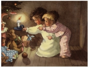 Christmas Postcard with Children Looking at Toys by Monique Martin