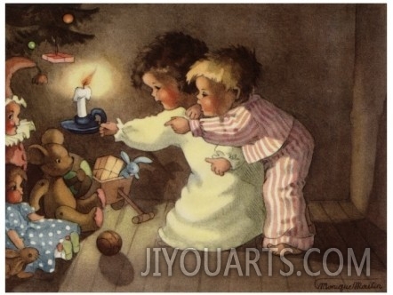 Christmas Postcard with Children Looking at Toys by Monique Martin
