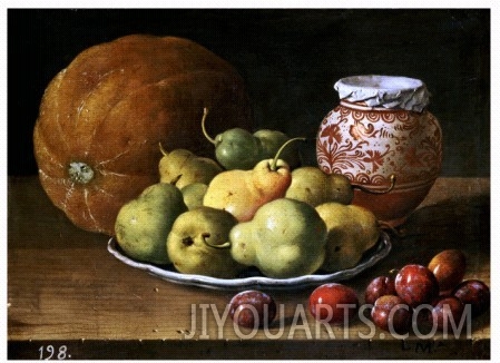 Pears on a Plate, a Melon, Plums, and a Decorated Manises Jar with Plums on a Wooden Ledge
