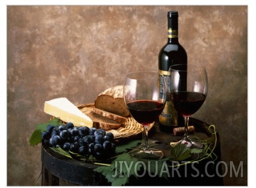 Still Life of Wine Bottle, Wine Glasses, Cheese and Purple Grapes on Top of Barrel