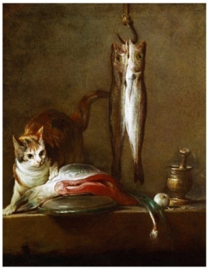 A Cat with a Piece of Salmon, Two Mackerels, Mortar and Pestle, 1728