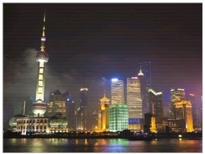 Pudong Skyline at Night across the Huangpu River, Oriental Pearl Tower on Left, Shanghai, China,As