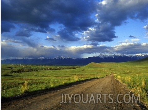 GRAVEL ROAD IN THE NATIONAL BISON RANGE, MISSION MOUNTAINS, MONTANA, USA for oil painting reproduction