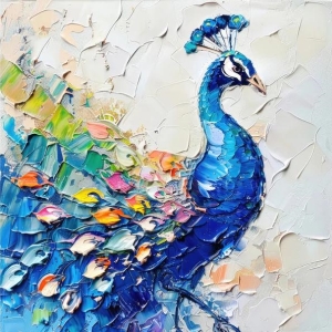 Peacock Oil Painting Bird Original Art Rustic Animals Impasto Artwork Textured Wall Art Decor for Home