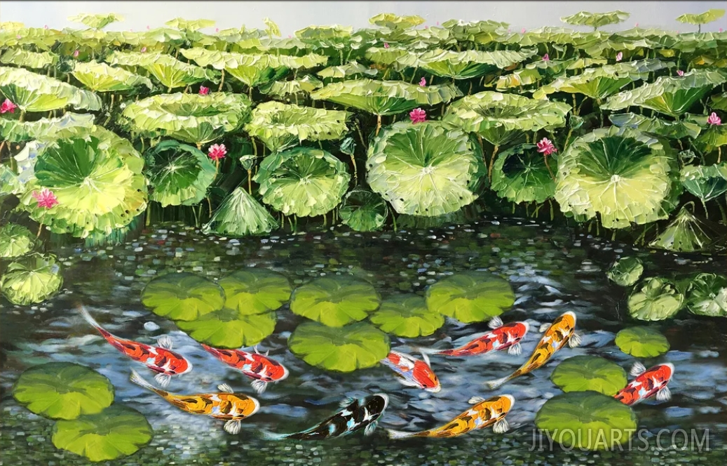 Oil painting,9 Koi fish painting,water lily painitng,impasto oil on canvas,heavy texture,Framed painting