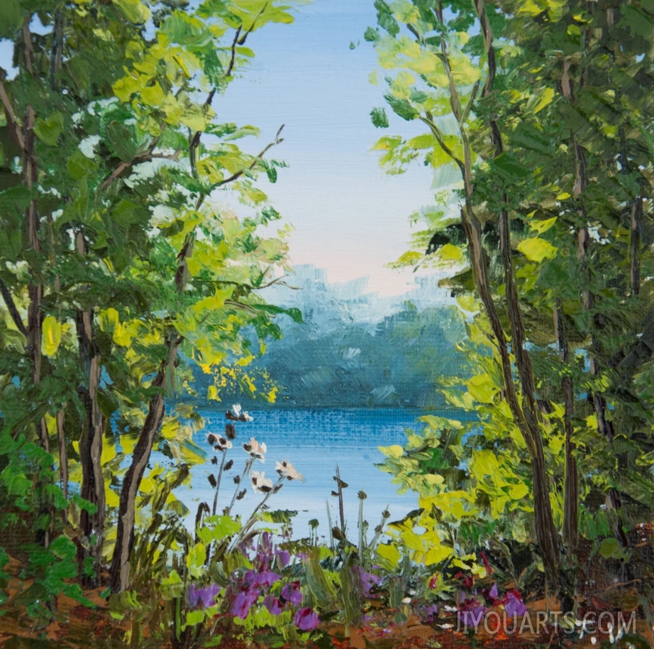 Forest Lake Oil Painting Original Art Green Trees Small Landscape Painting