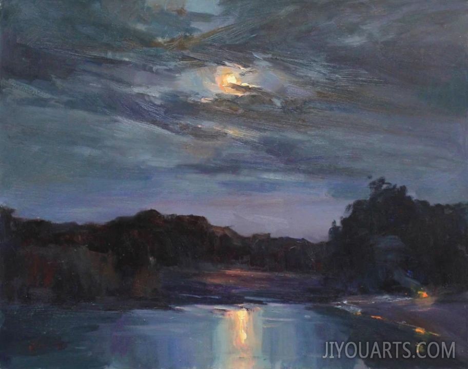 Night sky   Moon oil painting original, gothic artwork, moonlight art, Night Landscape, Signed oil painting