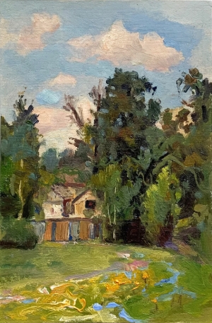 Vintage impressionist original oil painting Farmhouse in forest landscape