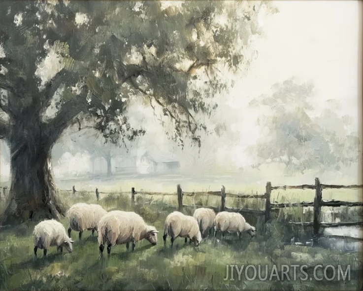 Sheep on Country Landscape， Vintage Oil Painting ，Printable Wall Art ，Country Farmhouse Decor ，Instant Download