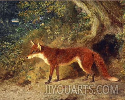 Fox and Feathers Framed Oil Painting Print on Canvas in Antiqued Gold Frame