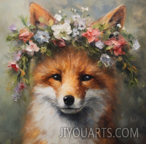 Red Fox and Flower Crown Rustic Dark Cottagecore Farmhouse Decor Academia Moody Vintage Oil Painting