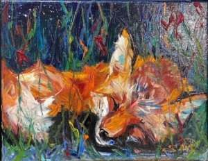 SLEEPING FOX, animal painting, original oil painting, colorful animal art, wildlife, impressionist
