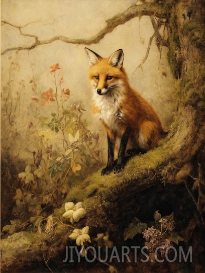 Vintage Fox，Victorian Wall Art, Antique Oil Painting, Vintage Aesthetic, Forest Botanical Decor