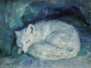 Vintage poster print original painting of an arctic fox sleeping in a cave， Impressionism movement， Oil painting print