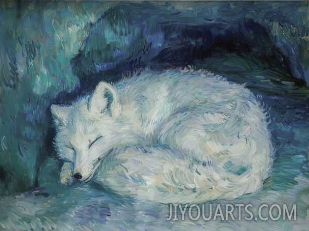 Vintage poster print original painting of an arctic fox sleeping in a cave， Impressionism movement， Oil painting print