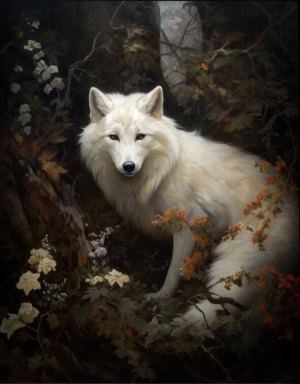 White Fox in deep Forest core Dark Cottagecore Academia Floral Botanical Wall Art Decor Moody Retro Oil painting