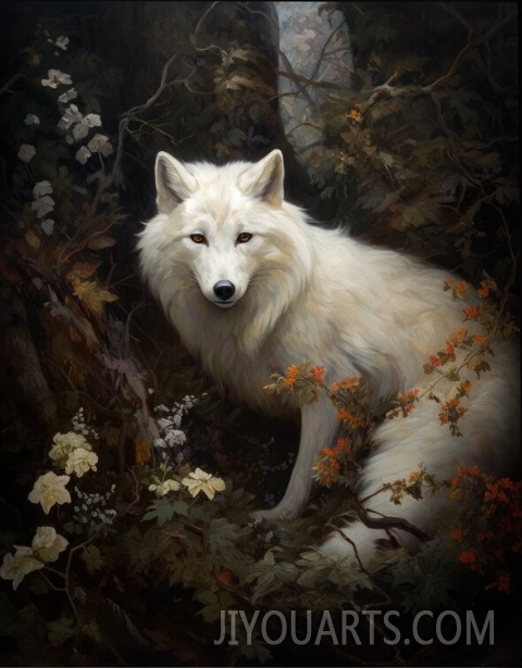 White Fox in deep Forest core Dark Cottagecore Academia Floral Botanical Wall Art Decor Moody Retro Oil painting