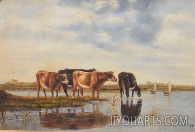 Amazing Large Painting Landscape   Herd of Cows   Oil on Canvas   Large Goldene Frame   Wall Decor   Home Decor Gift Idea