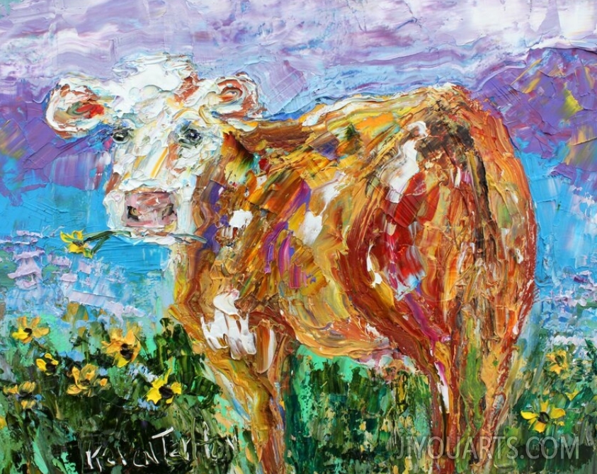 Cow print on canvas, grazing in meadow, farm art made from image of past painting by Karen Tarlton fine art