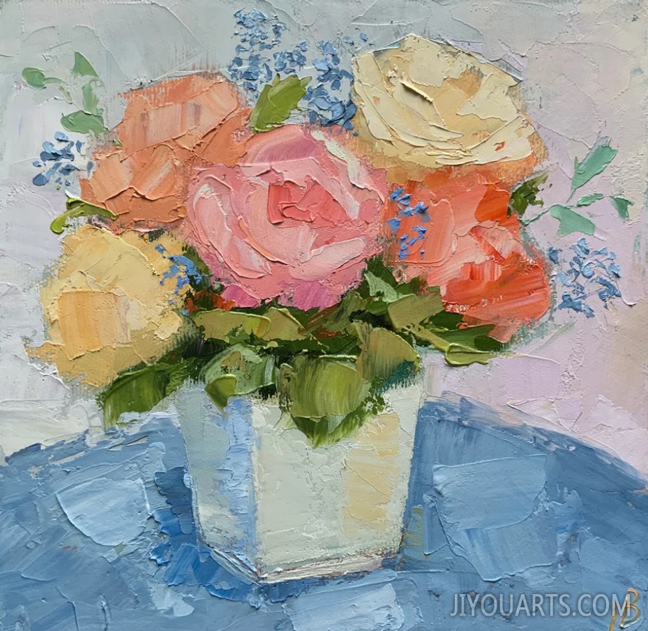 Flowers oil painting Bouquet of pink roses Still life Impressionism Decorative panels Original Art Gift