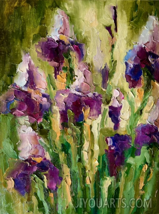 Iris Painting Floral Original Art Semi Abstract Blue Flowers Oil Impasto Artwork
