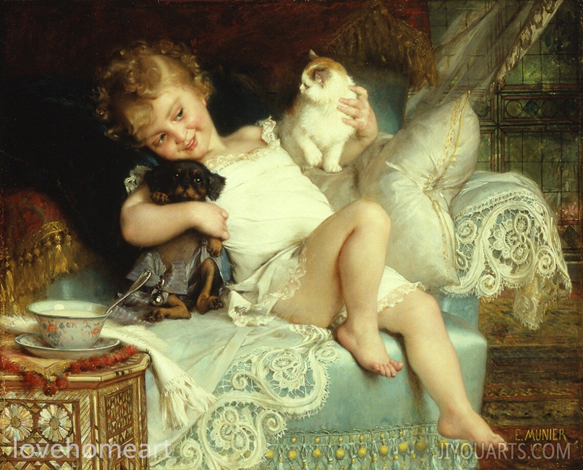 Three Friends   Emile Munier hand painted oil painting reproduction,Childhood Friends,chubby girl with a kitten and a dog for child gift