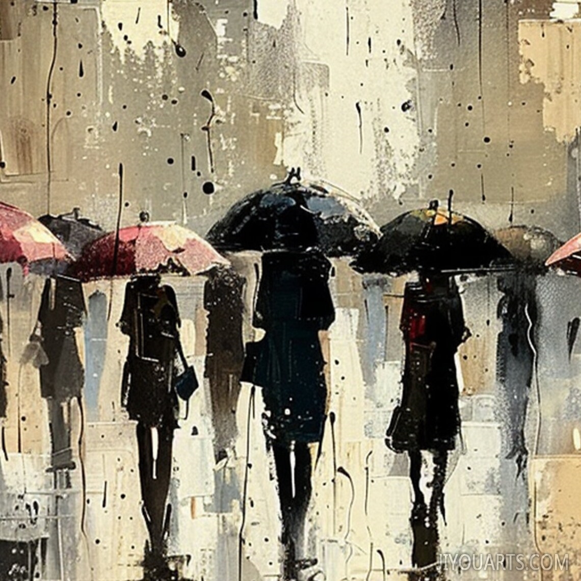 Abstract Walking People Oil Painting on Canvas, Large Wall Art Original Rainy Street Scene Wall Art