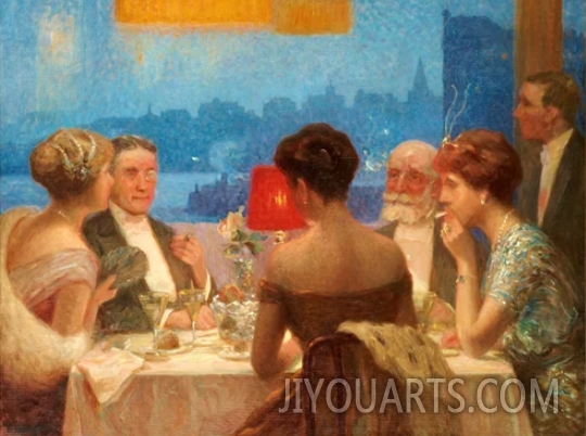 People Dining Vintage Oil Painting ， Dinner Company Art