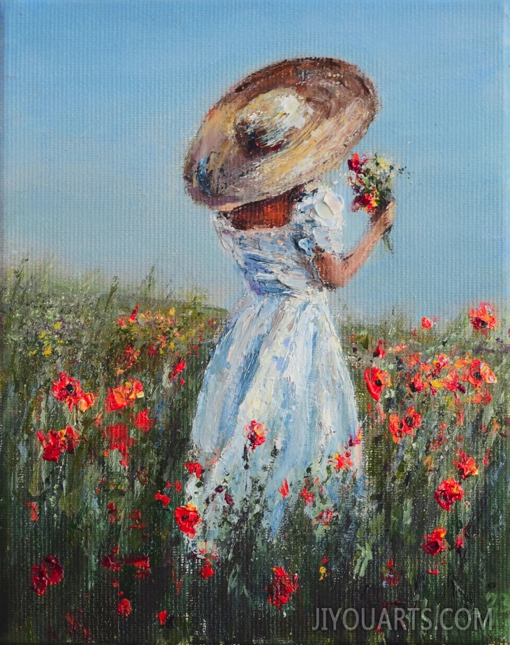 Poppy field Childhood Girl Straw hat Oil painting