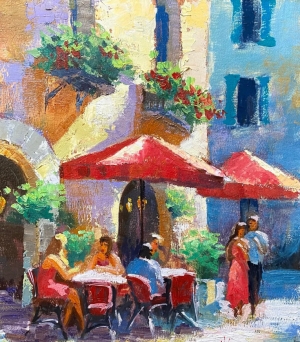 Rome Original Oil Painting Italian Street Cafe Artwork Sunny Cityscape Wall Decor Art Gift