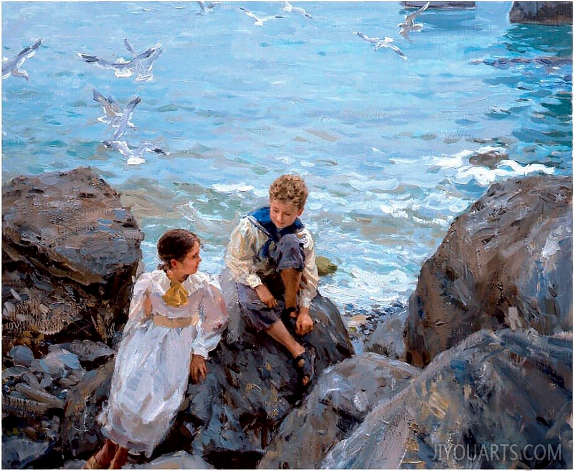 Impressionistic Oil Painting，Vibrant Painting of Children on the Sea Coast