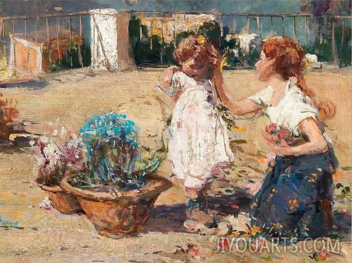 Vintage Mother and Daughter Oil Painting