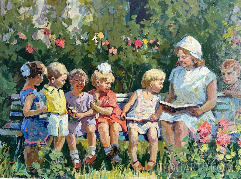 Vintage original oil painting 1960s, Children in forest landscape