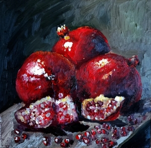 Pomegranate Painting Fruit Original Art，Impasto Oil Painting on Panel