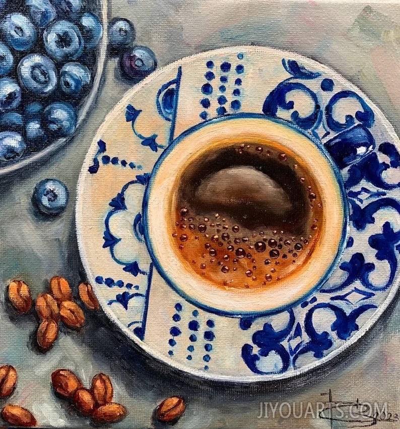 Coffee and blueberries cup of coffee morning coffee art Art illustration lovers gift Original impressionistic Oil painting original